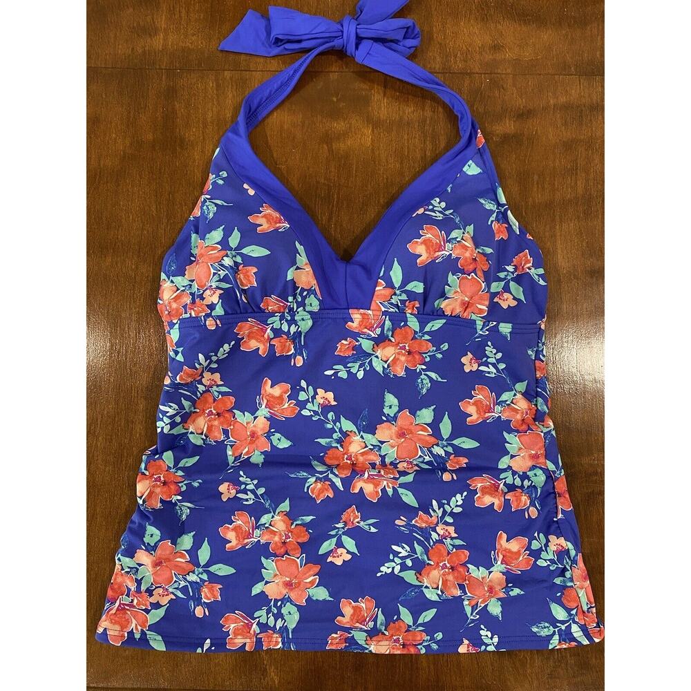 Land's End Women's Tankini Top Size 8 Halter Back Padded Blue Floral Swim